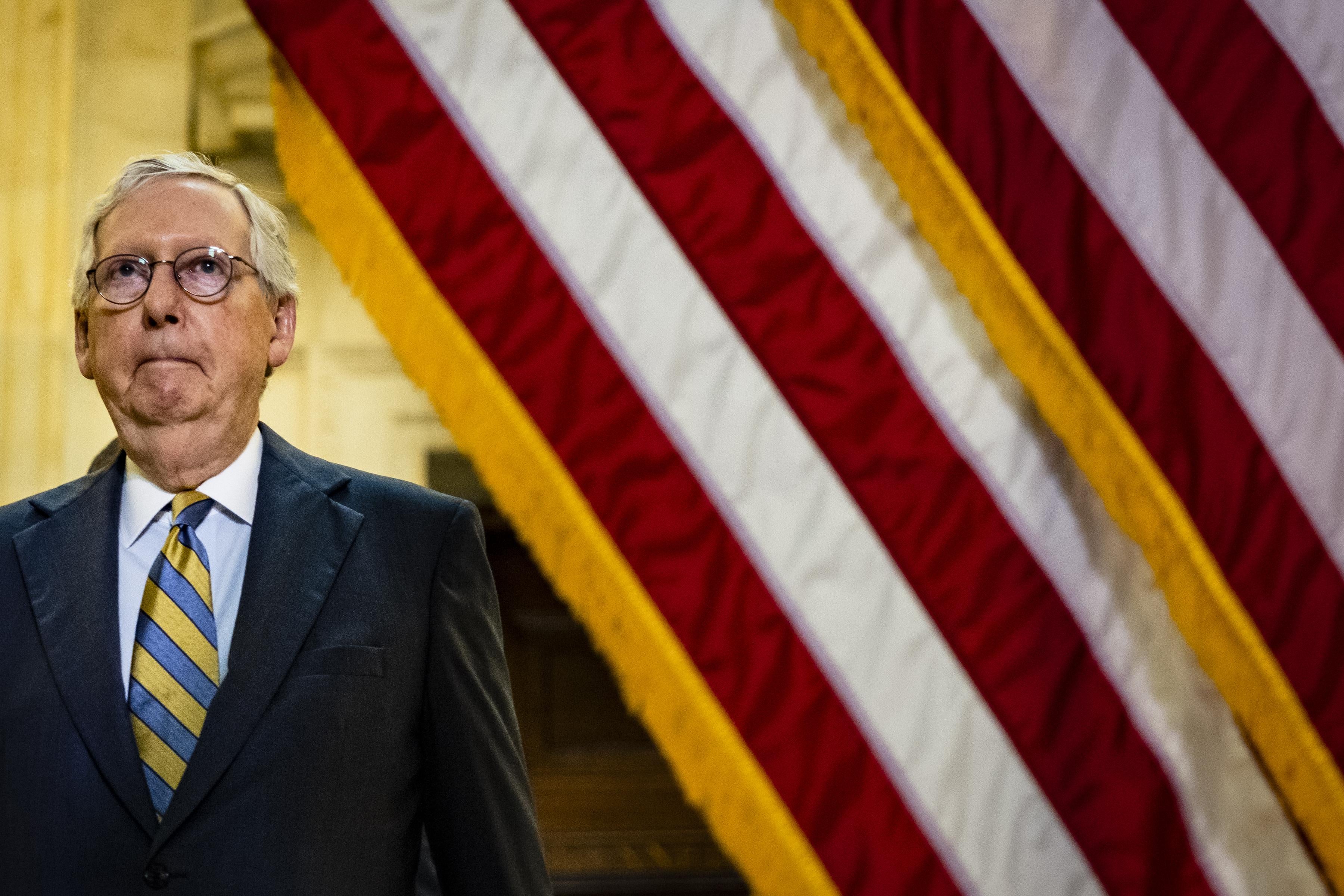 McConnell standing next to a flag