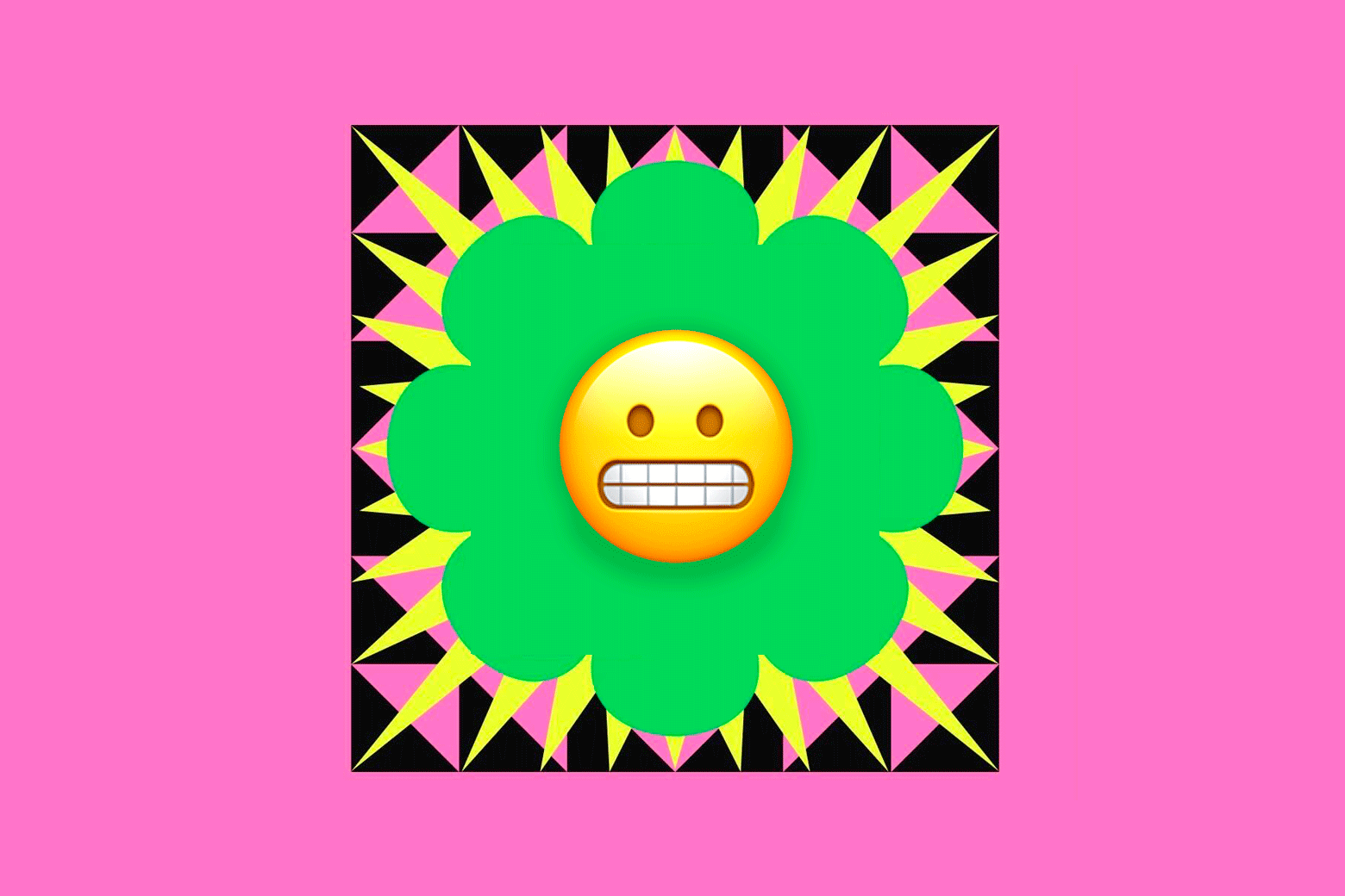 A grimacing emoji at the center of a graphic mimicking Spotify Wrapped.