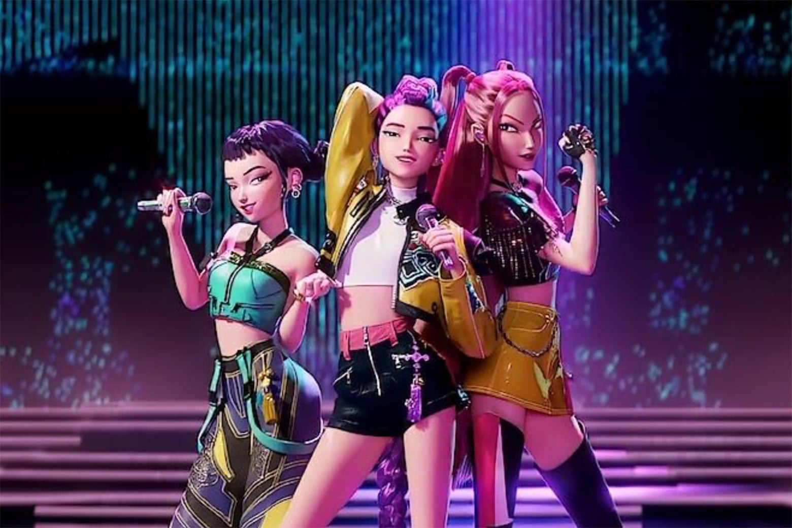 A still shows three stylishly animated K-pop stars standing with their backs leaning against each other and their microphones raised