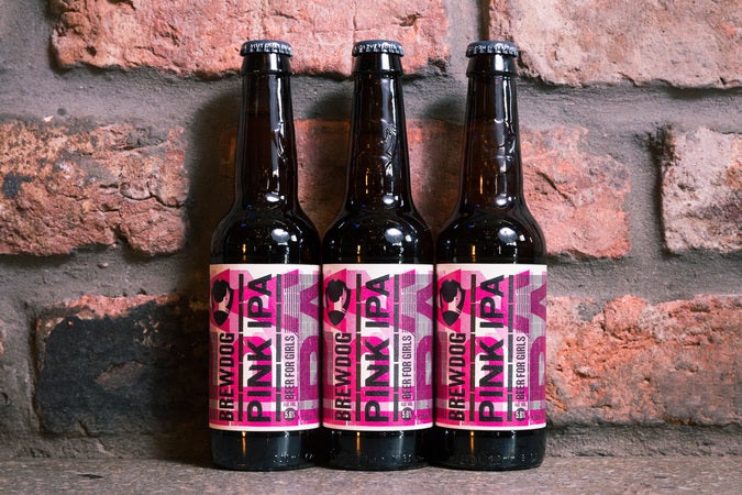 Beer bottles with a pink label reading Pink IPA: Beer for Girls