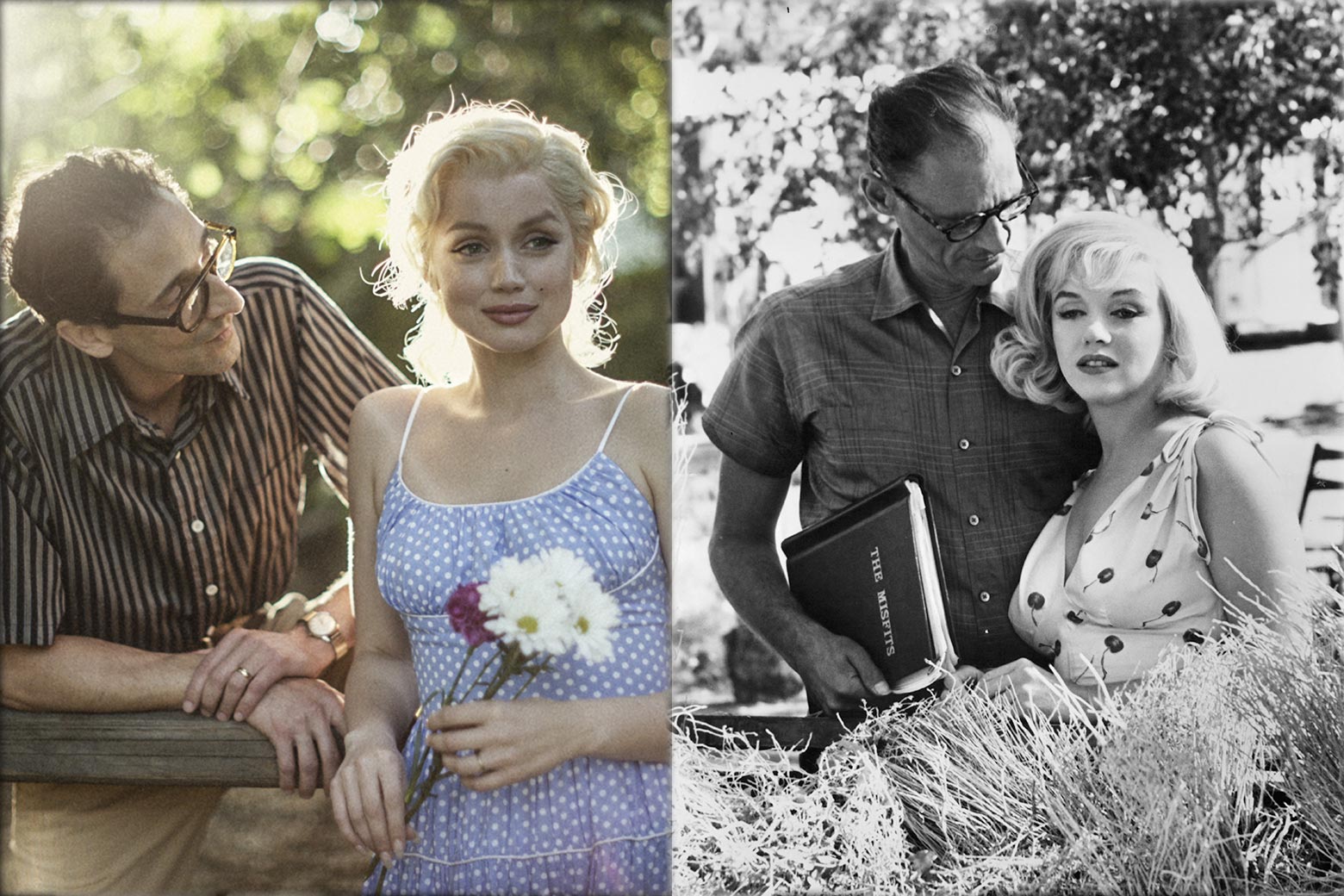 The actors playing Arthur Miller and Marilyn Monroe and the real people, both photographed outdoors among flowers.