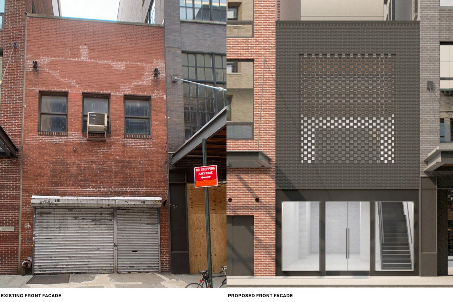 Side-by-side of a decrepit storefront and a proposal for a redesign