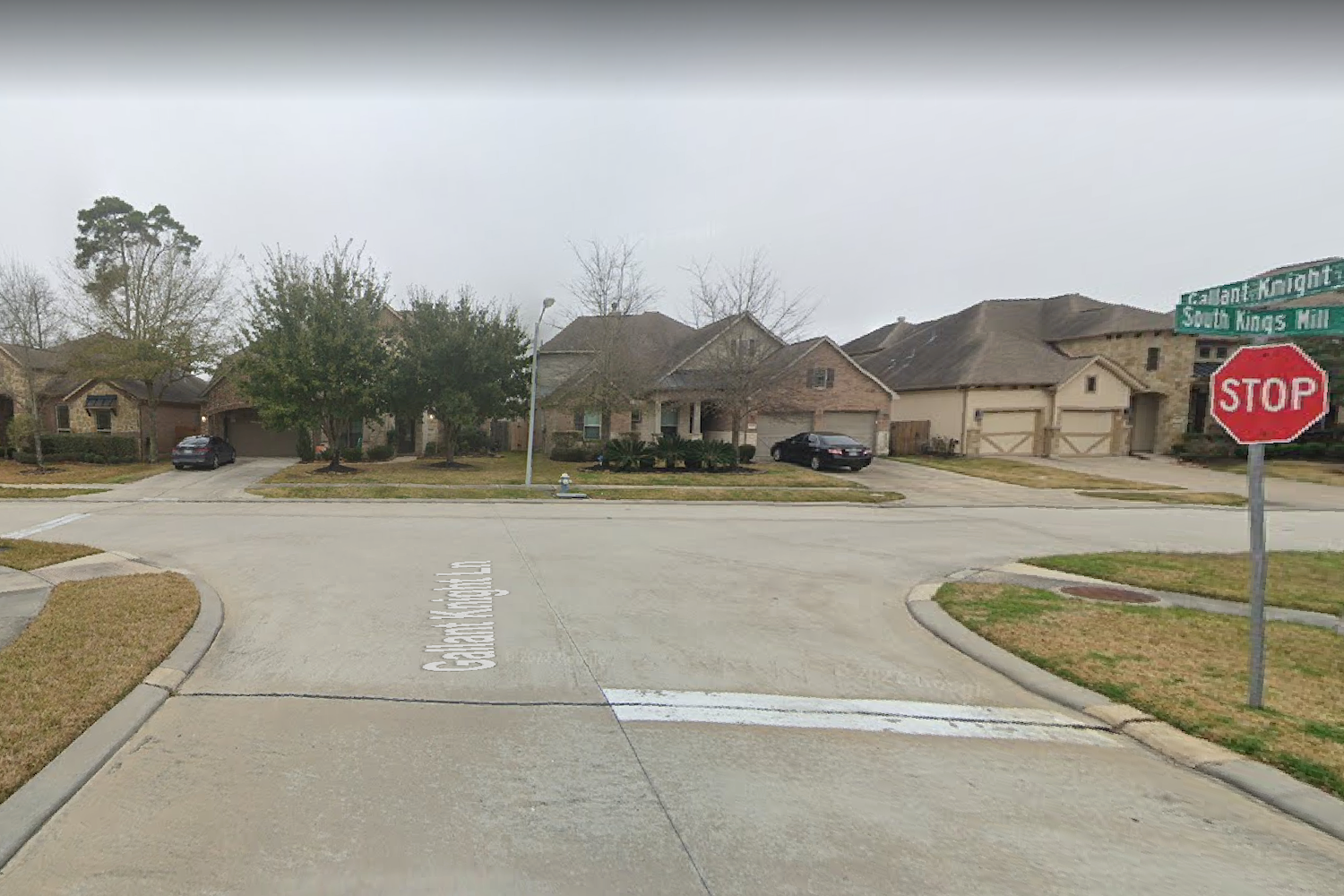 A suburban intersection with a stop sign and large houses.