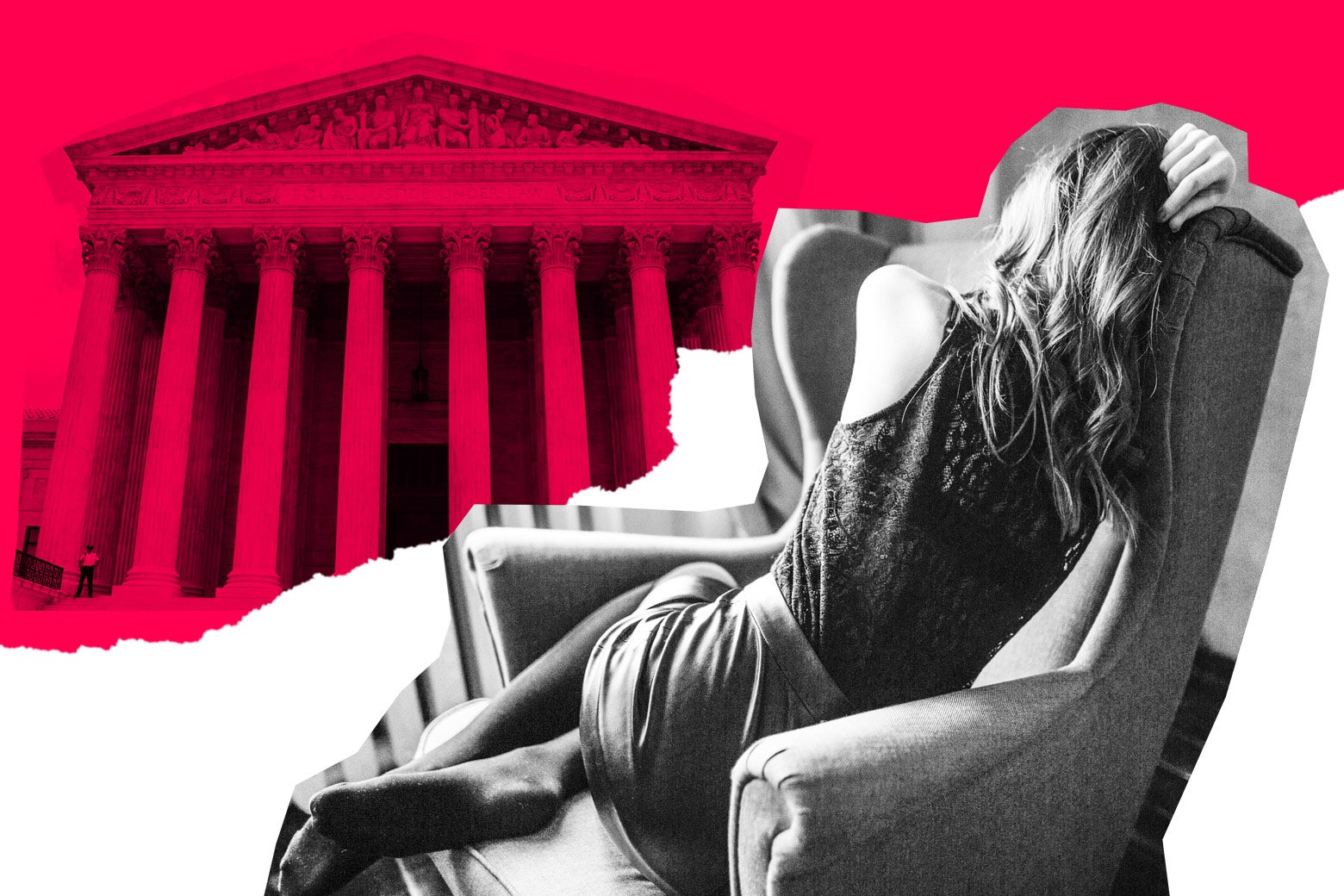 A woman curled up in an armchair, with the Supreme Court building in the background.