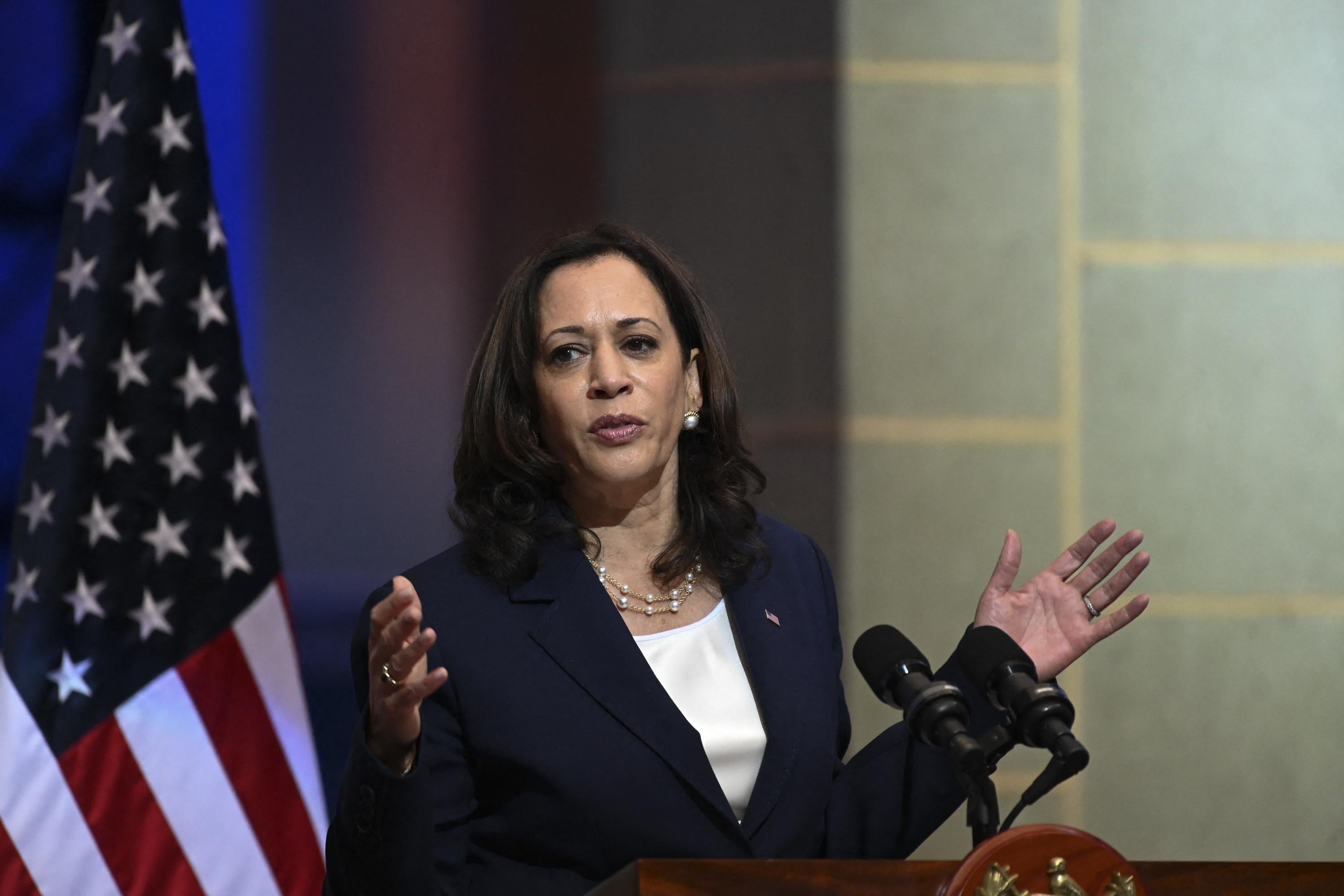 Harris gestures with both hands while speaking at a podium with an American flag behind her