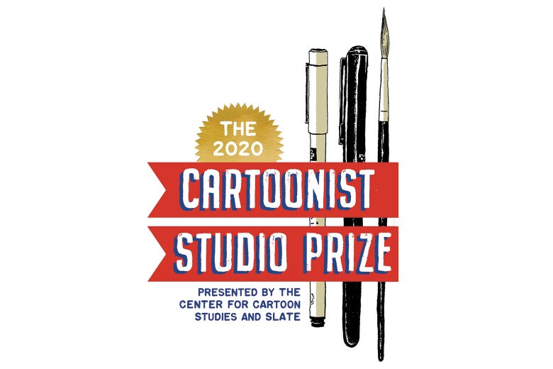 A logo that says "The 2020 Cartoonist Studio Prize presented by the Center for Cartoon Studies and Slate" with two types of pens and a paintbrush.