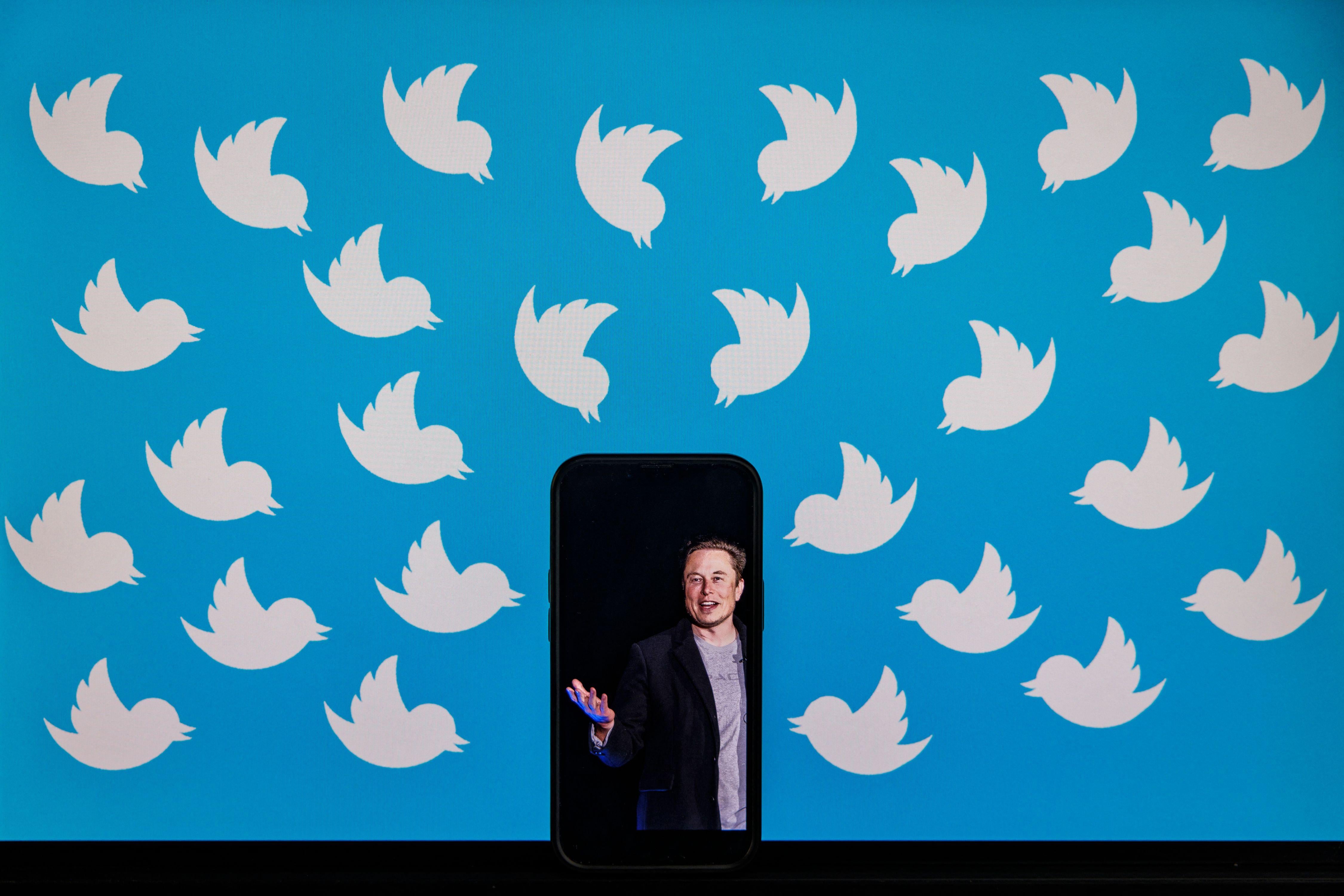 Copies of the Twitter logo surround Elon Musk