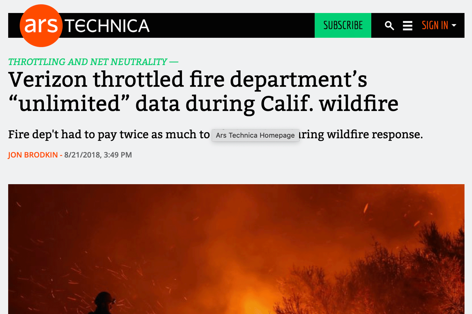 An Ars Technica headline that says, "Verizon throttled fire department's 'unlimited' data during Calif. wildfire."