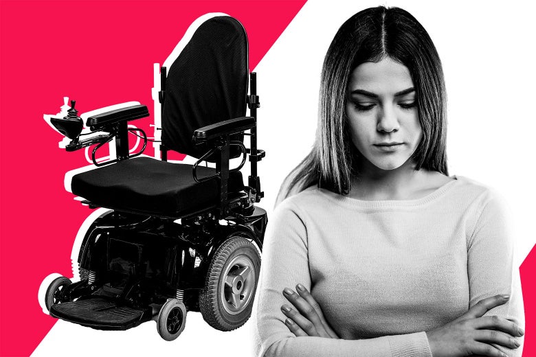 A woman looks upset, eyes downcast and arms crossed, next to a wheelchair