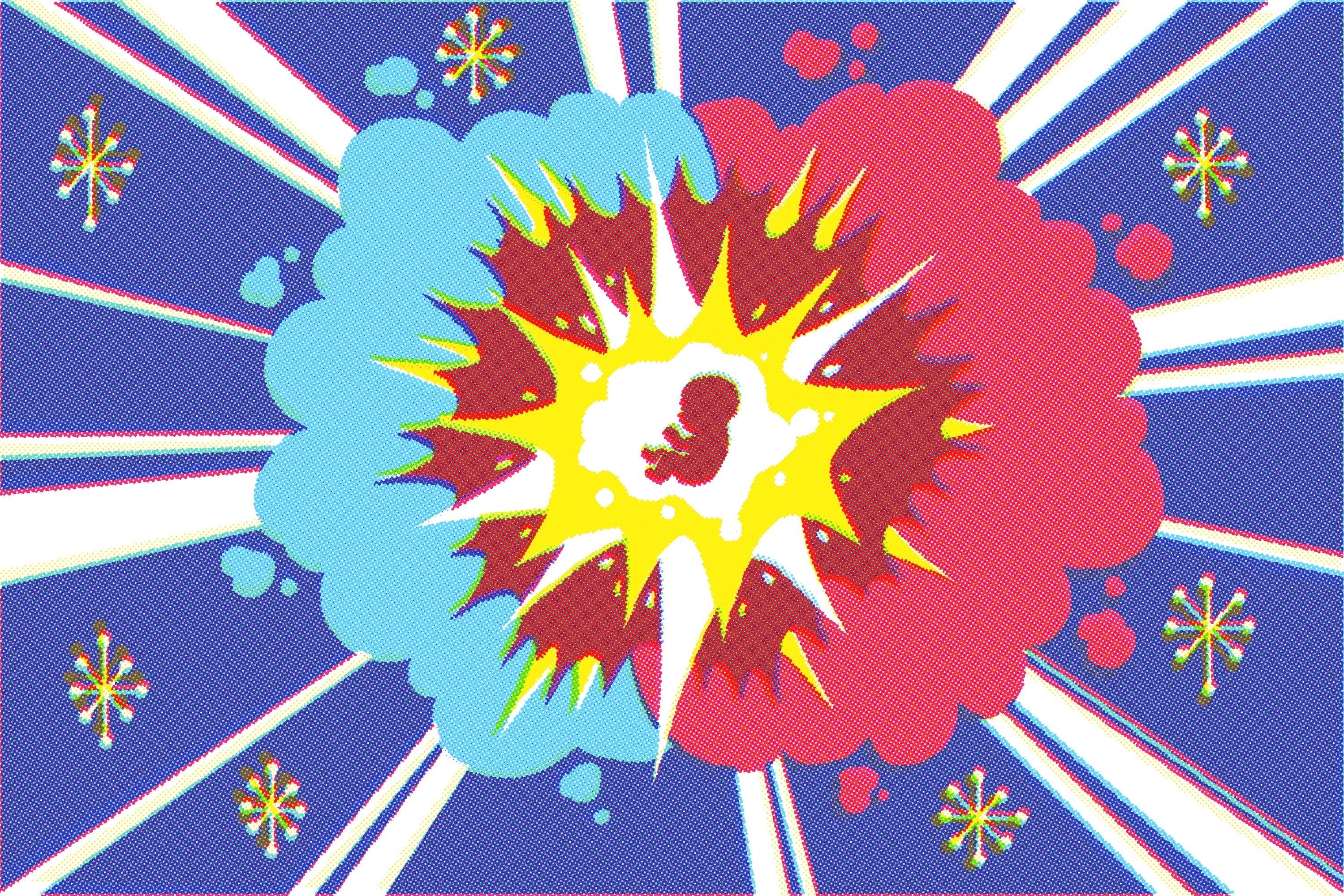 Illustration of a baby in a blue and pink smoke bomb like a gender reveal party