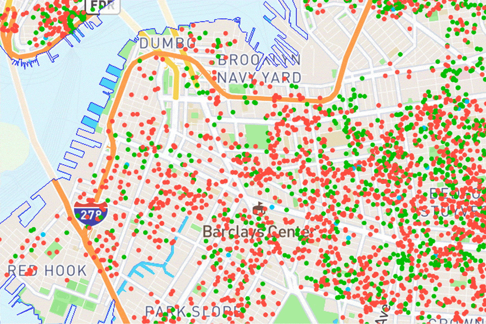 Two views of a map: one with many green and red dots, another with dramatically fewer dots altogether.