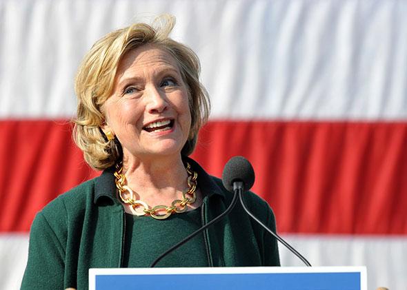 Former Secretary of State Hillary Rodham Clinton speaks to a large gathering at the 37th Harkin Steak Fry, September 14, 2014 in Indianola, Iowa. 