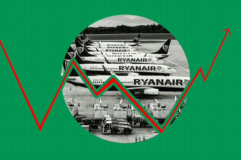 A row of grounded Ryanair planes at an airport.