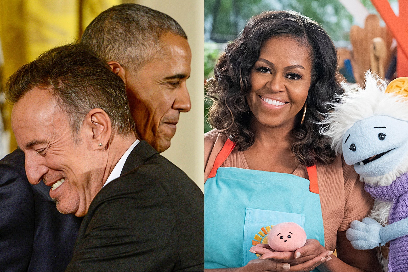 Barack Obama and Bruce Springsteen embrace; Michelle Obama poses with puppets.