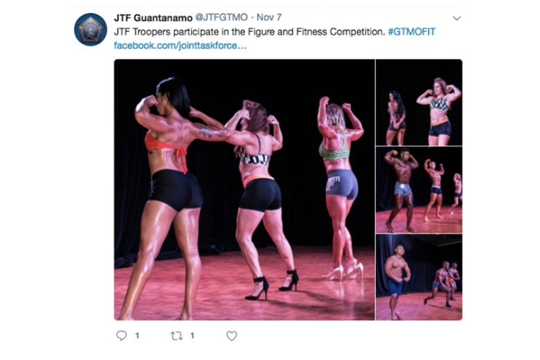 A tweet deleted by @JTFGTMO in November 2017 about the Figure and Fitness competition at Gitmo.
