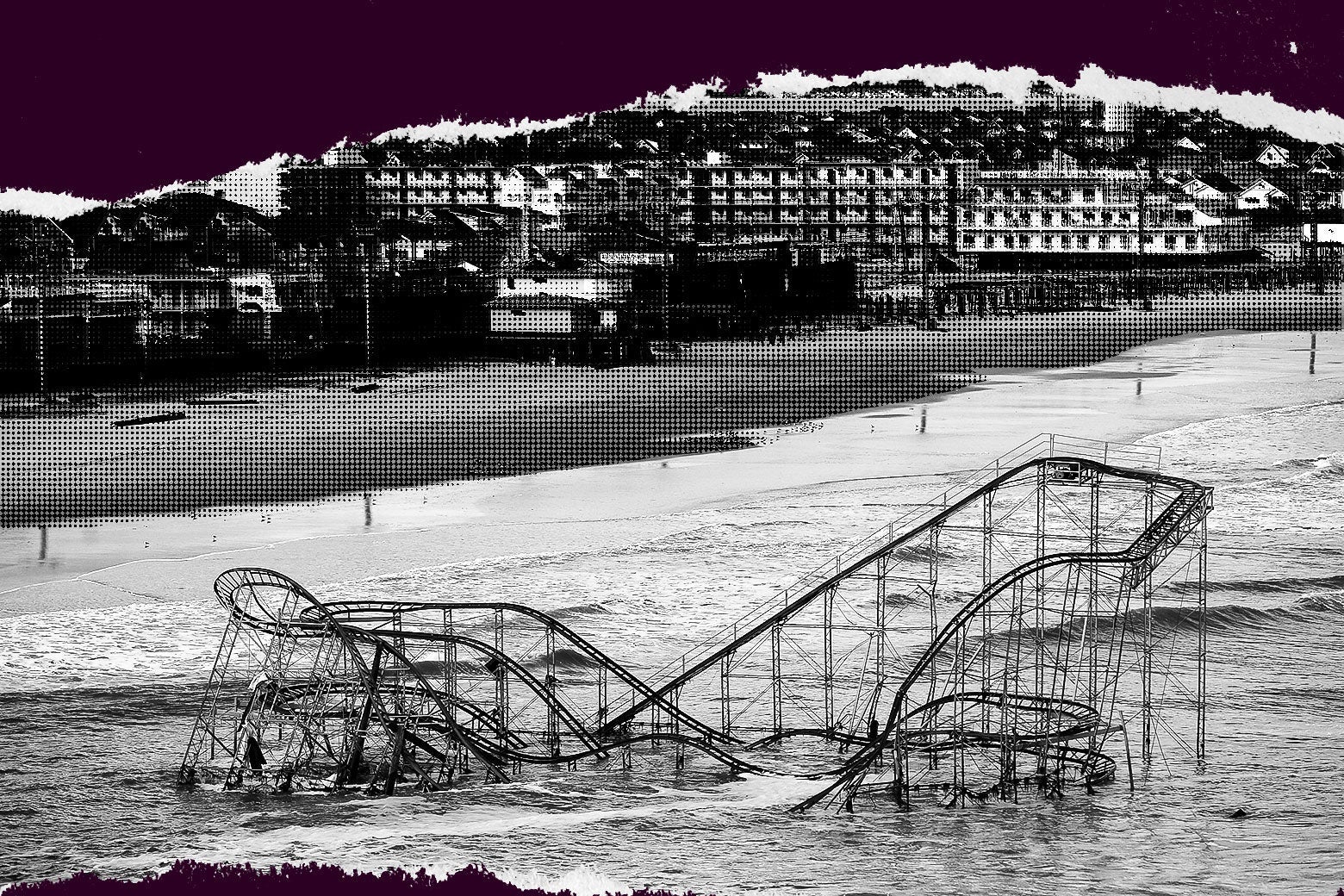 A roller coaster partially submerged by hurricane waters, with boardwalk attractions on the beach in the background.