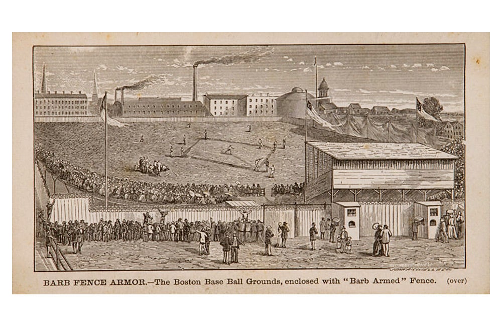 1876 Washburn & Moen “Barb Fence Armor” trading card featuring the Boston Base Ball Grounds.