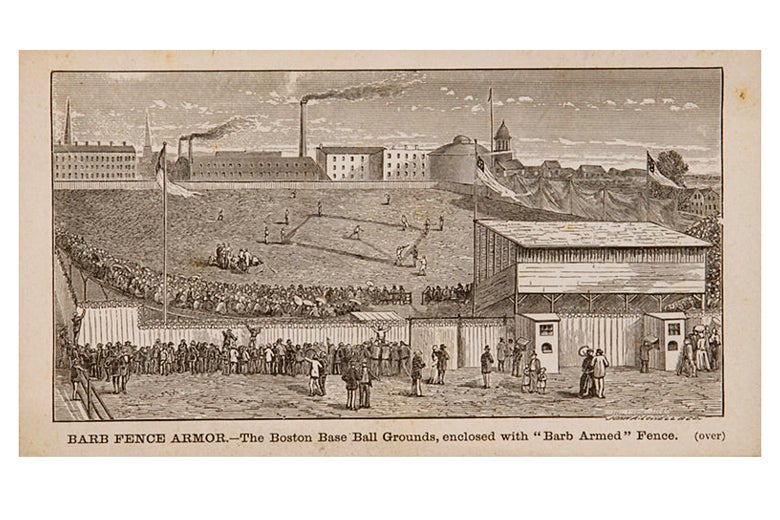 1876 Washburn & Moen “Barb Fence Armor” trading card featuring the Boston Base Ball Grounds.