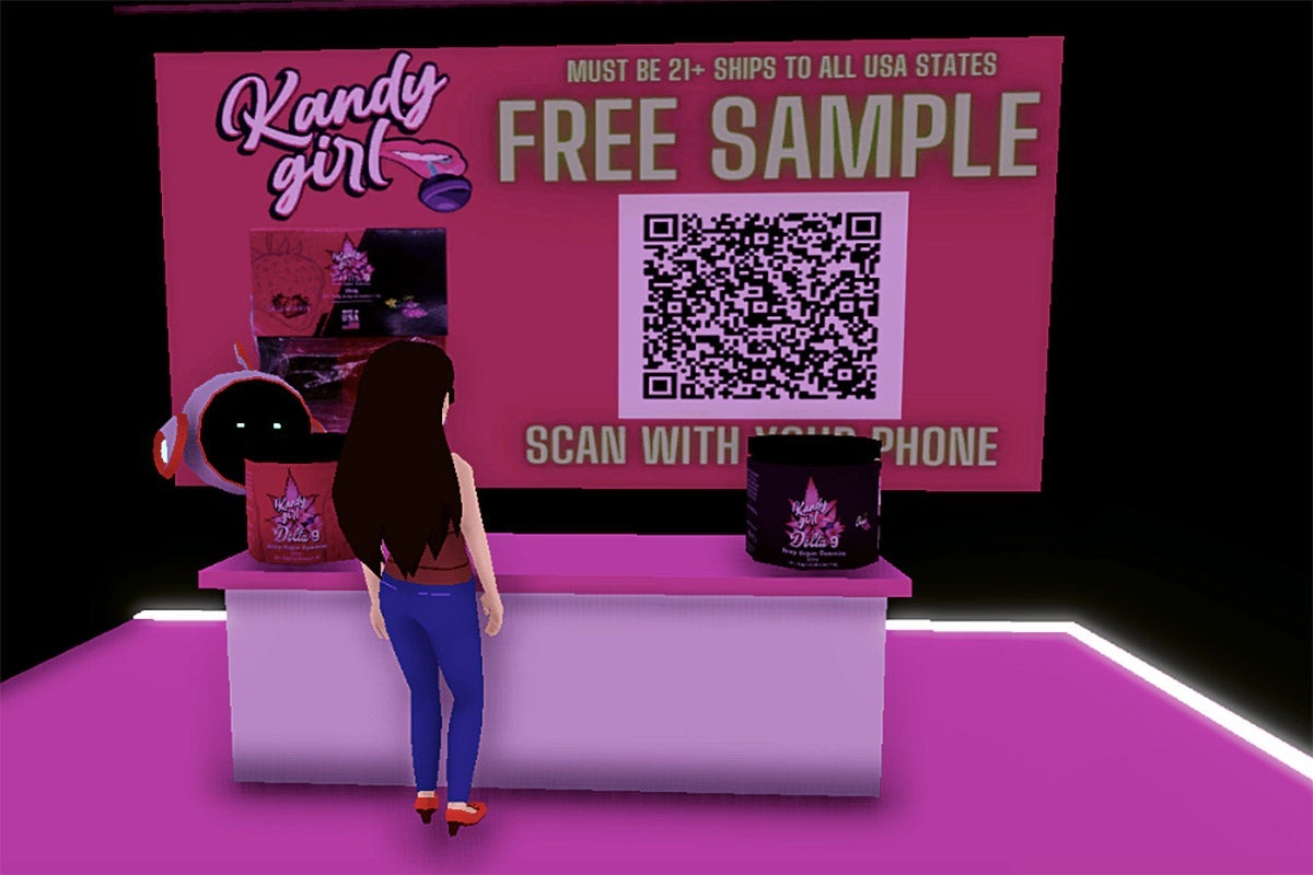 The author's avatar stands in front of a counter, behind which is a QR code that says, "Free Sample" over it.