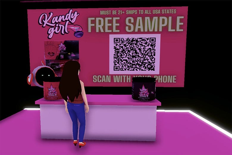 The author's avatar stands in front of a counter, behind which is a QR code that says, "Free Sample" over it.
