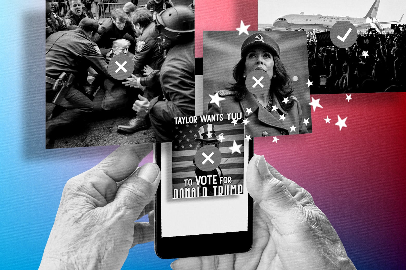 A collage of fake images including Donald Trump surrounded by police, Kamala Harris wearing a communist uniform, and a text on a phone that says Taylor Swift is voting for Trump, among others. 