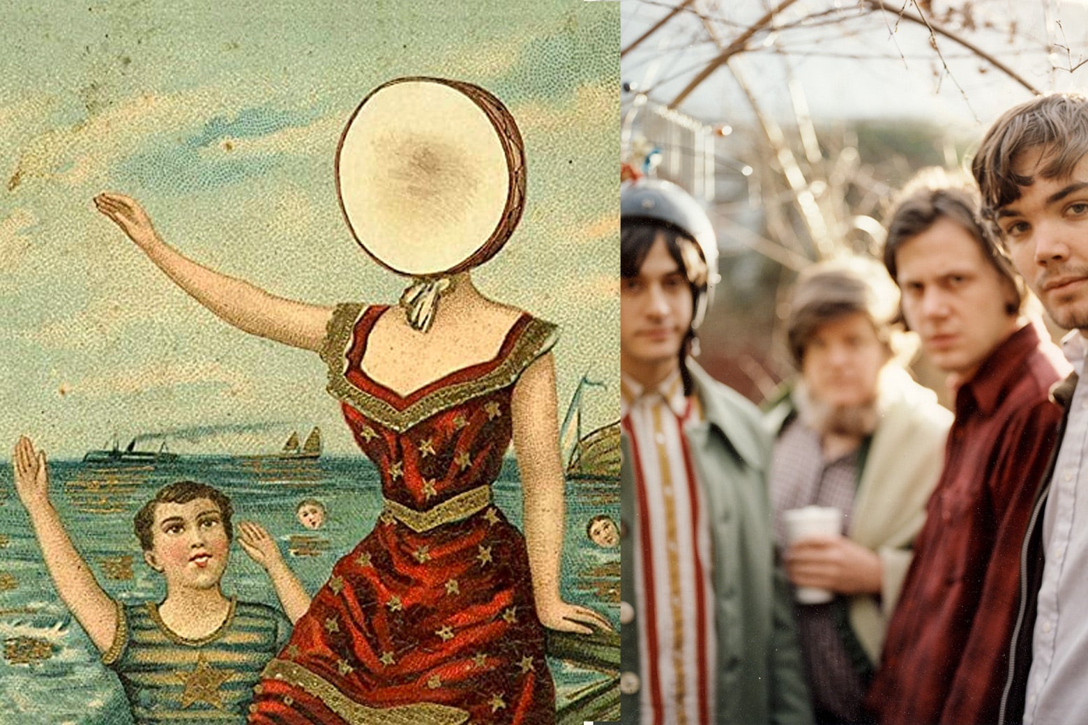 One the left, the cover of the Neutral Milk Hotel album ‘In the Aeroplane Over the Sea’; on the right, the members of the band.