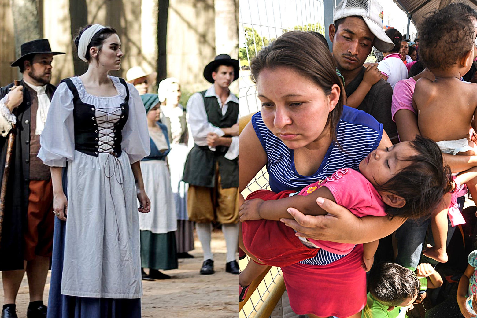 The cast of From This Day Forward juxtaposed with migrants traveling from Honduras.