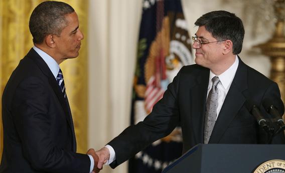 President Obama shakes hands with Jacob Lew.