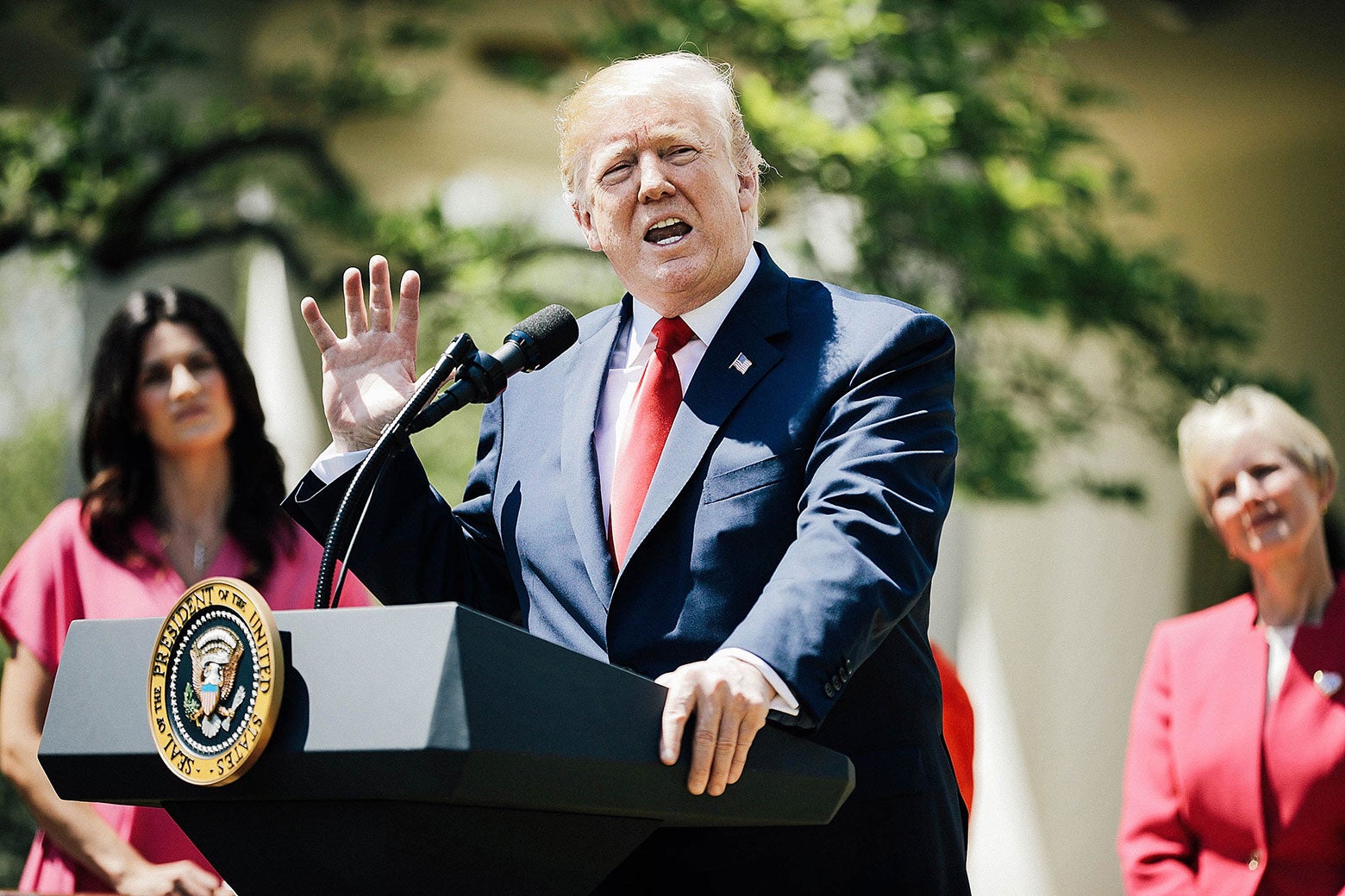 President Donald Trump delivers remarks during an event to mark the National Day of Prayer in the Rose Garden at the White House Thursday in Washington.