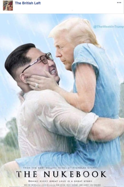 Facebook post of a fake movie poster modeled on "The Notebook" saying "The Nukebook," with Kim Jong-un and Trump holding each other in the rain.
