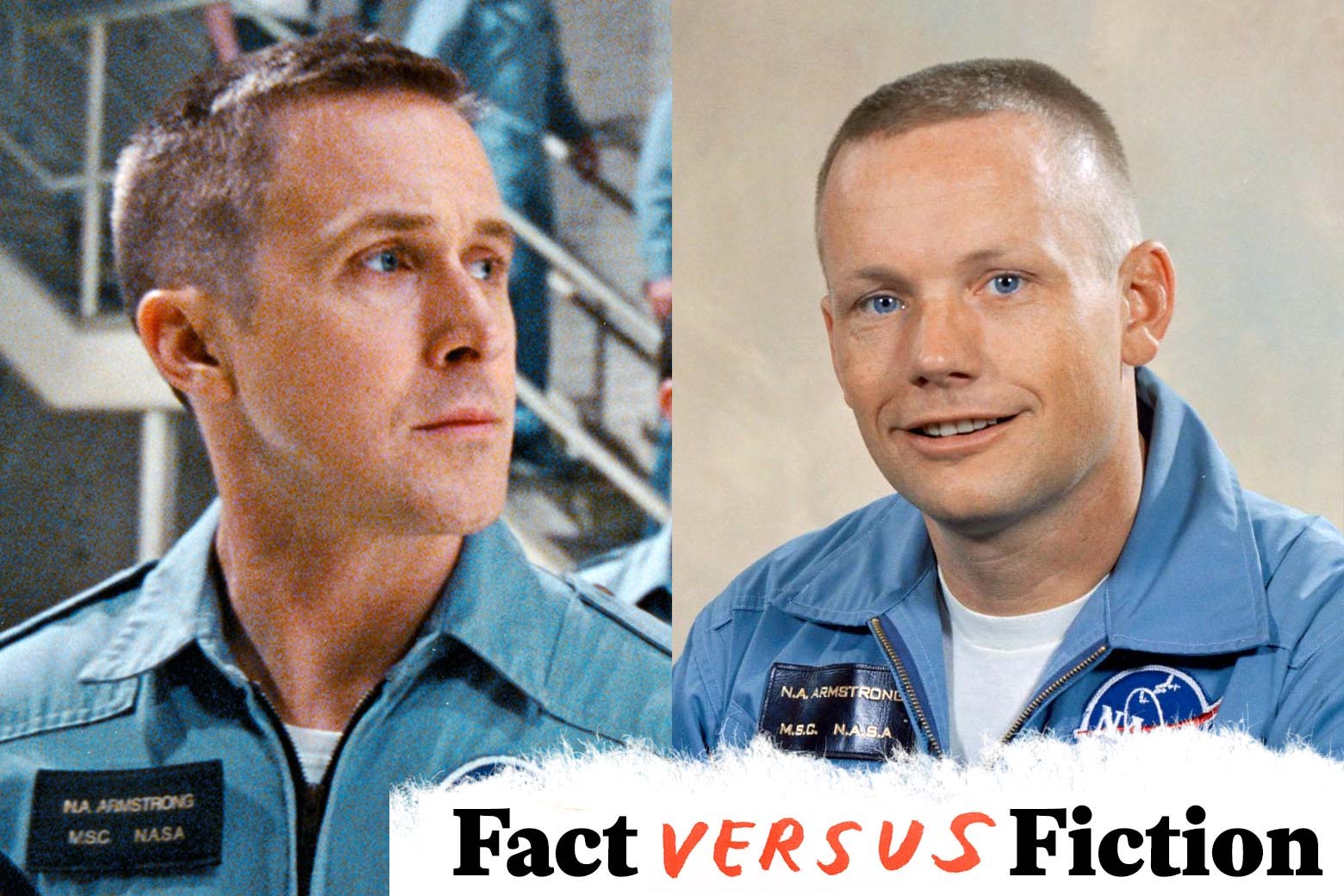 Side by side photo of Ryan Gosling in his portrayal of Neil Armstrong, and a photo of Neil Armstrong in his NASA flight suit.