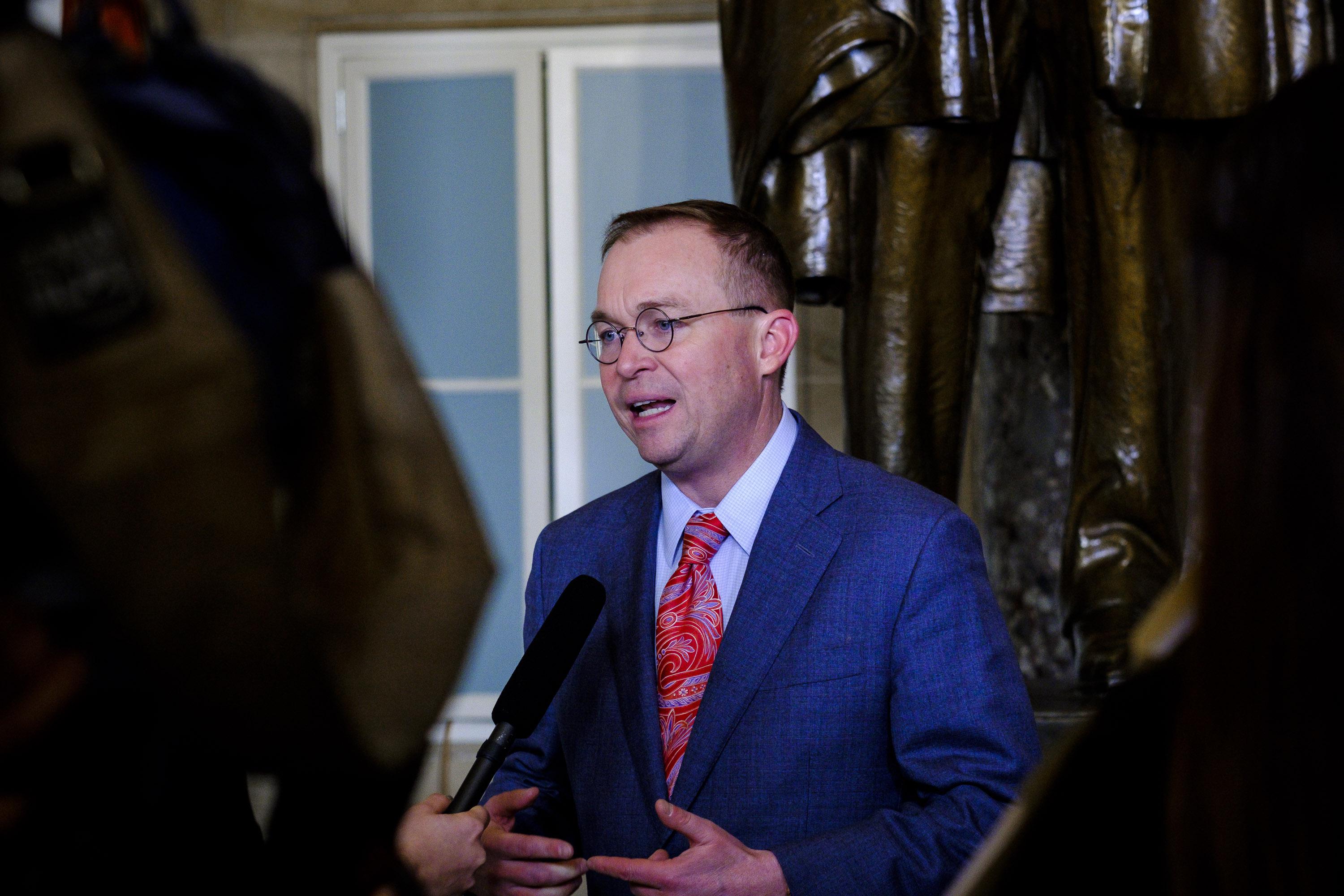 WASHINGTON, DC - JANUARY 30:  President Trump's Budget Director, Mick Mulvaney, is interviewed in Statuary Hall at the US Capitol before President Donald Trump's first State of the Union Address before a joint session of Congress on January 30, 2018 in Washington, DC.  (Photo by Pete Marovich/Getty Images)