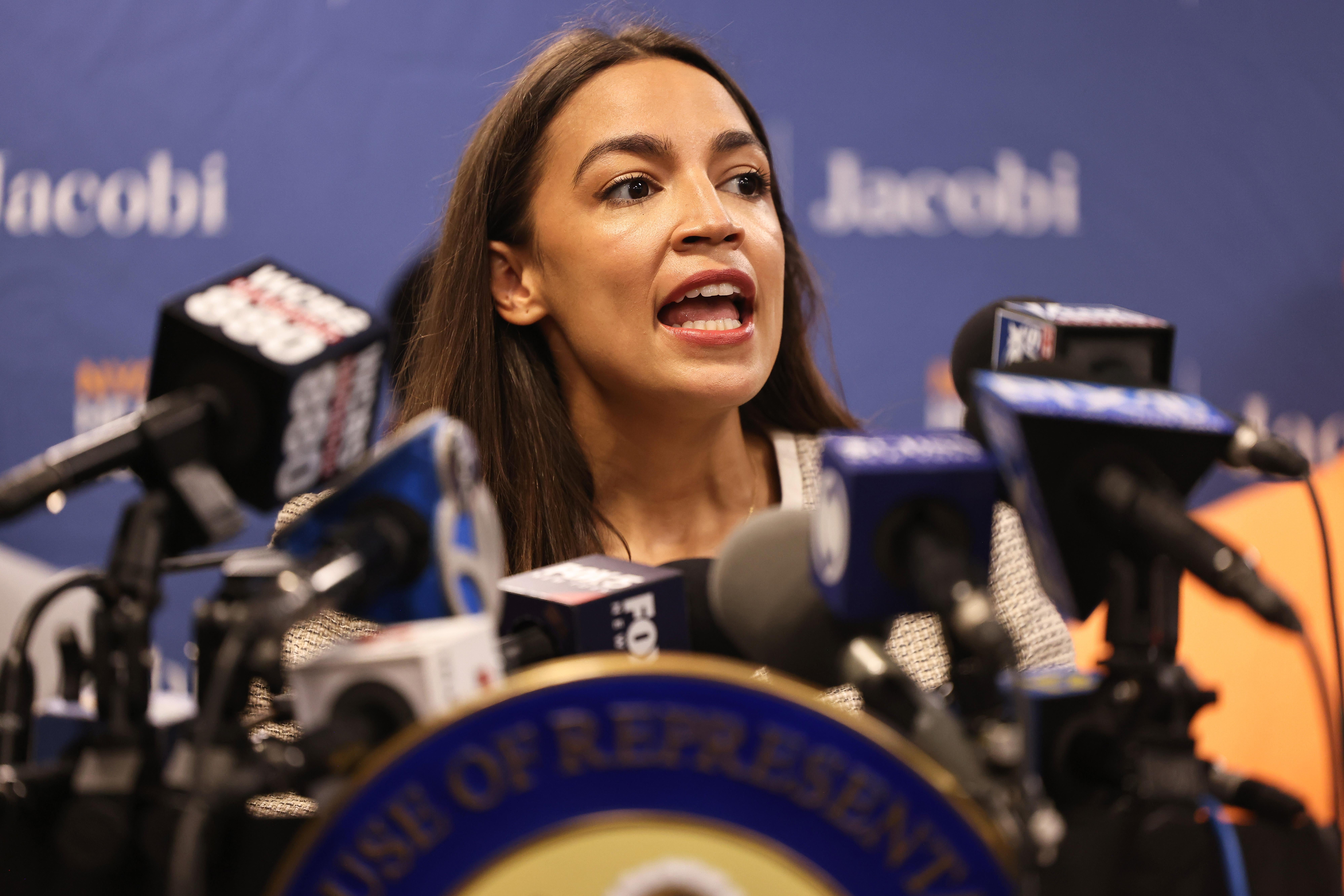Rep. Alexandria Ocasio-Cortez (D-NY) speaks during a press conference at Jacobi Hospital in the Morris Park neighborhood on June 3, 2021 in the Bronx borough of New York City.
