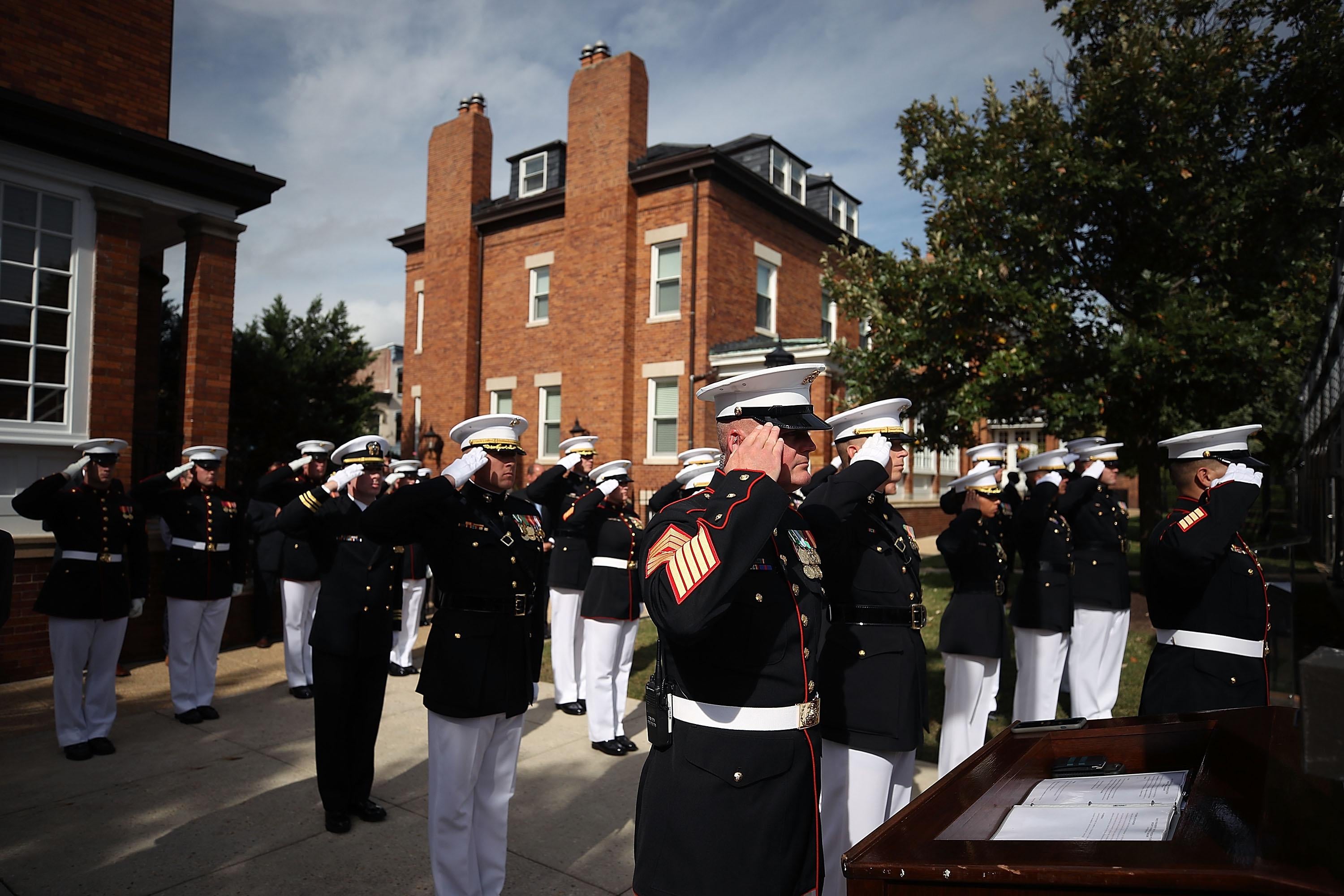 WASHINGTON, DC - OCTOBER 23:US Marines salute during a ceremony to commemorate the anniversary of the 1983 bombing of the Marine barracks in Beirut, Lebanon, at the Marine barracks on October 23, 2017 in Washington, DC. 34 years ago today terrorist detonated two truck bombs at a building that housed US troops, killing 220 Marines, 18 sailors and 3 soldiers.  (Photo by Mark Wilson/Getty Images)