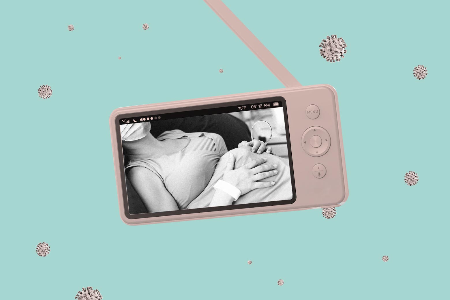 The screen of a baby monitor shows a pregnant woman's stomach.