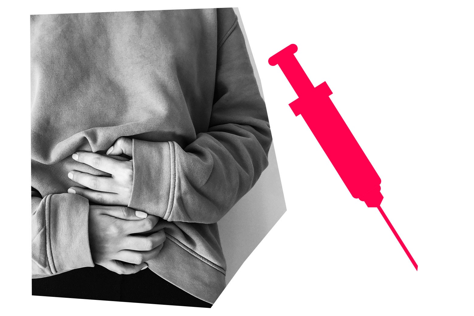 Collage of a woman in a sweatshirt clutching her stomach beside a graphic of a syringe