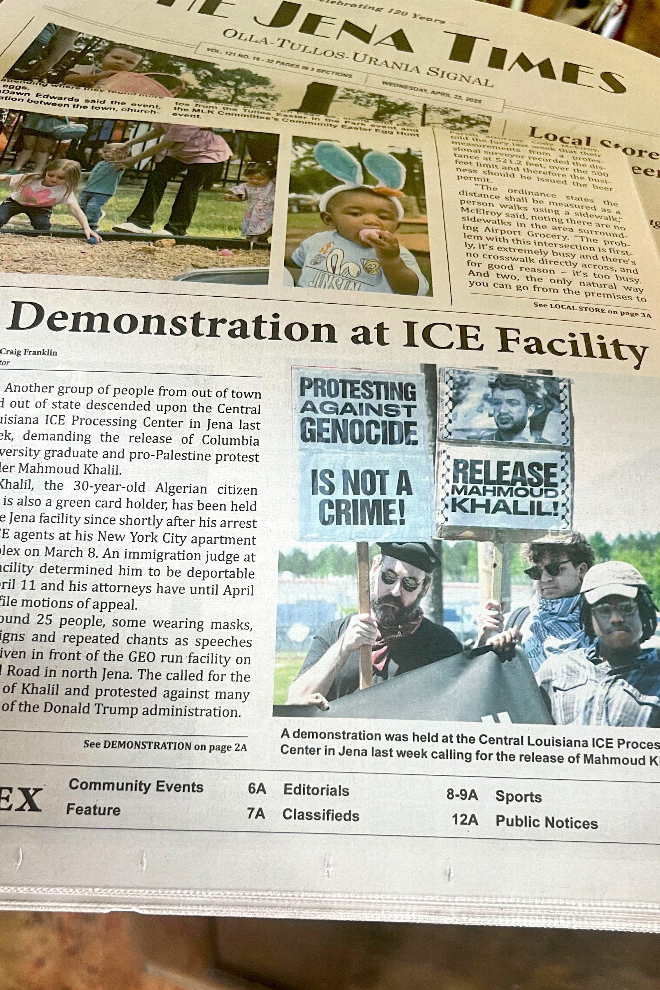 A page of the local newspaper covering a demonstration outside the central Louisiana ICE facility. In the story's accompanying photo, protesters hold signs that read "Protesting Against Genocide Is Not a Crime" and "Release Mahmoud Khalil!"