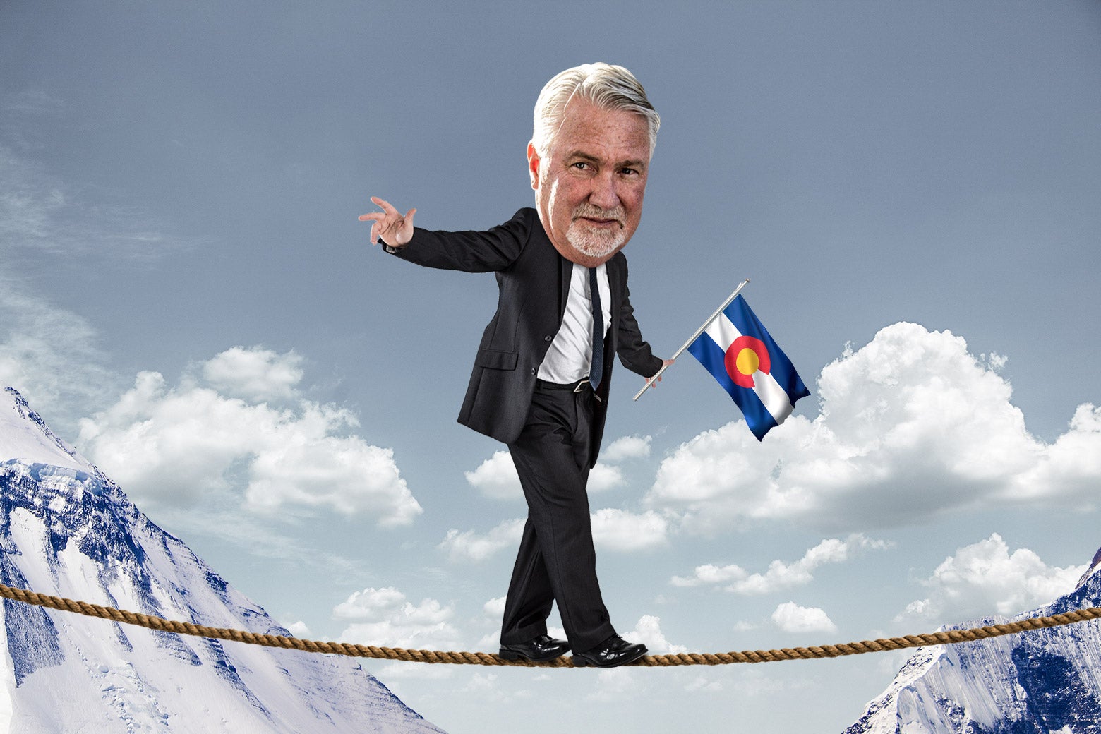 An illustration of Joe O'Dea walking on a tightrope between mountains, holding a Colorado flag.