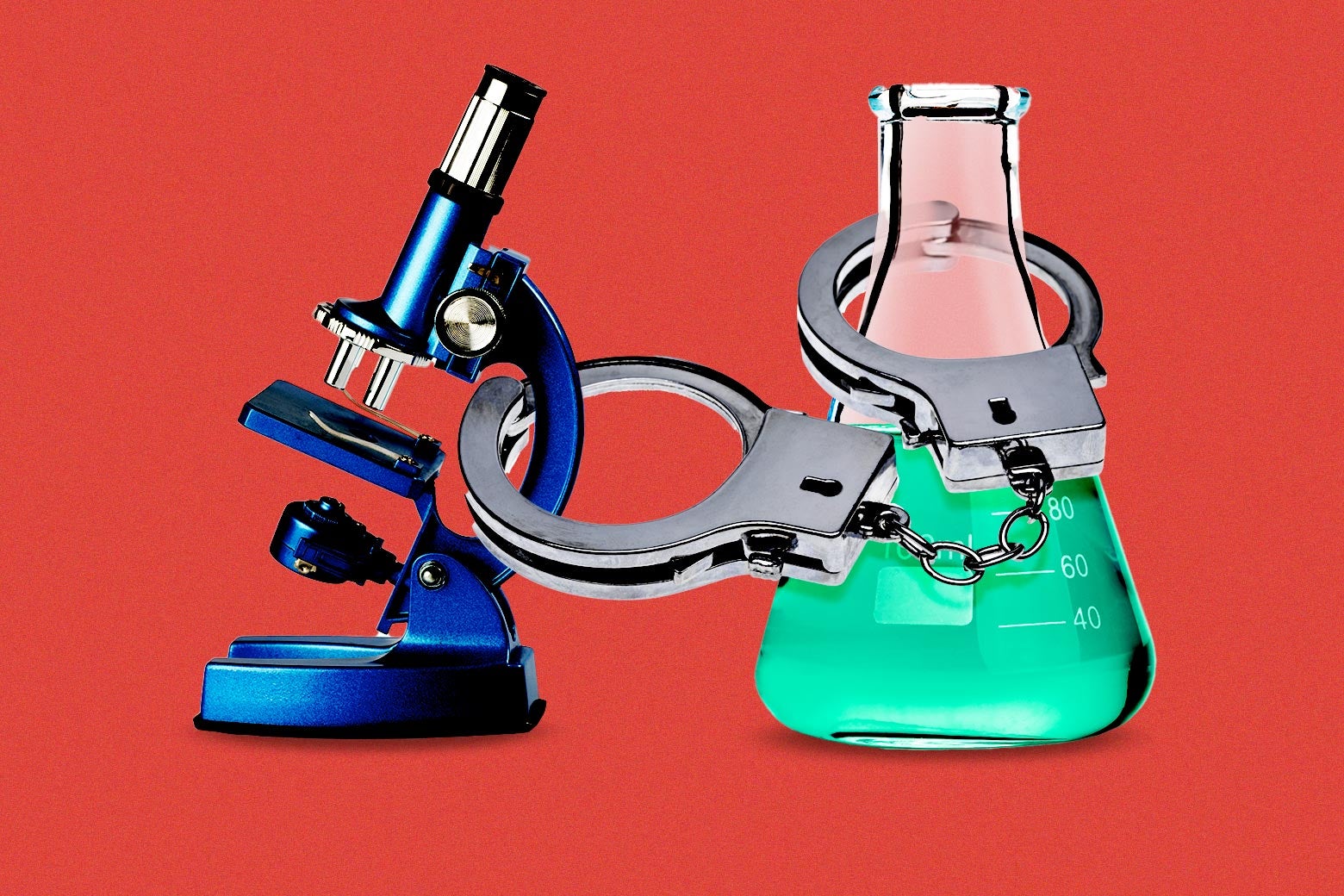 Handcuffs linked around a microscope and a beaker with green liquid in it.