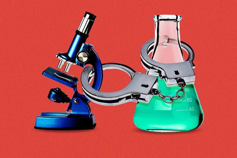 Handcuffs linked around a microscope and a beaker with green liquid in it.