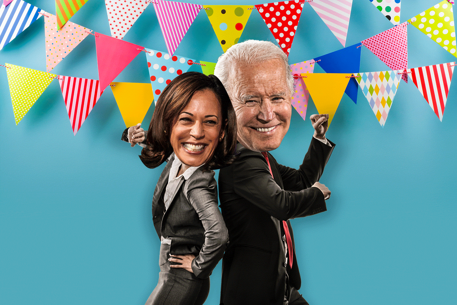 An illustrated GIF of Joe Biden dancing with Kamala Harris and then her head changes to a question mark.