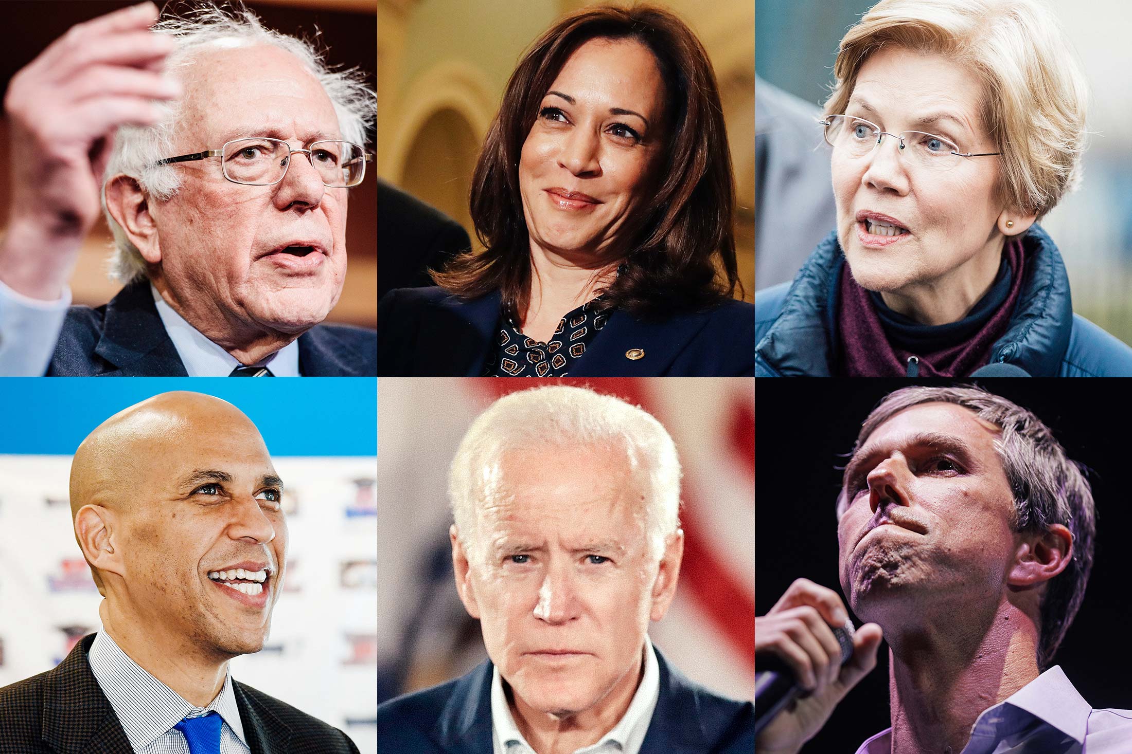Bernie Sanders, Kamala Harris, Elizabeth Warren, Beto O’Rourke, Joe Biden, and Cory Booker.