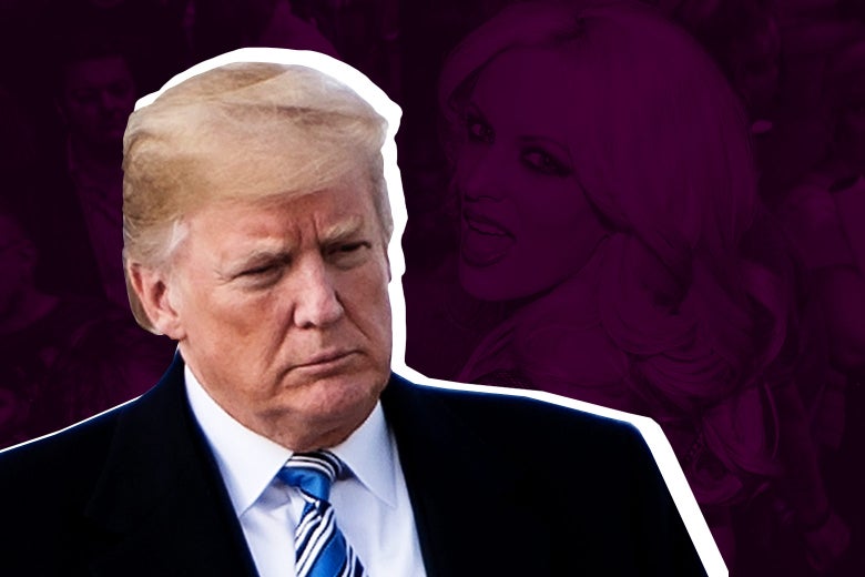 Photo illustration: Donald Trump against a colorized photo of Stormy Daniels.