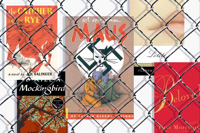 The covers of Maus, The Catcher in the Rye, To Kill a Mockingbird, Beloved, and Lolita behind barbed wire