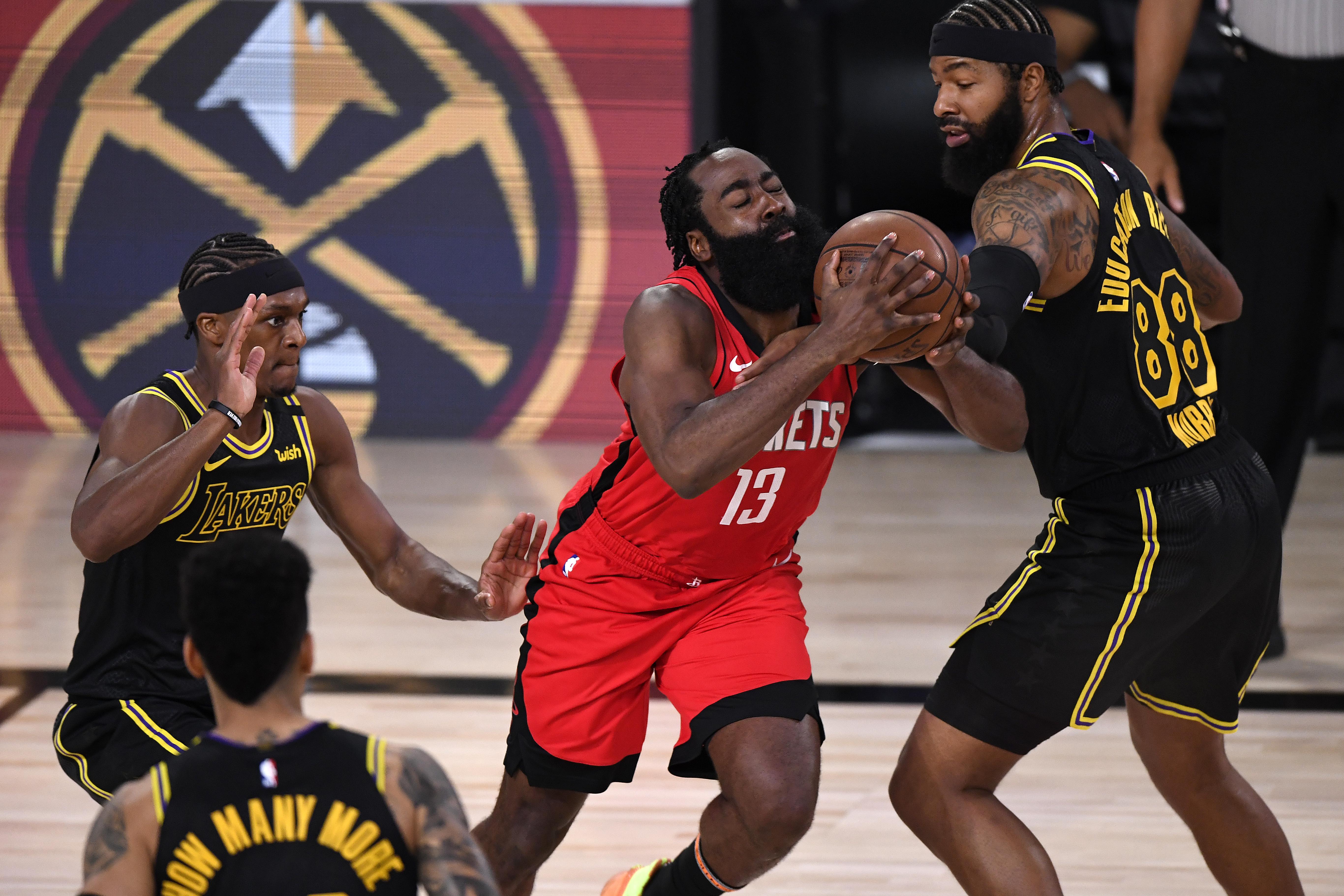 James Harden drives the ball against Markieff Morris of the Los Angeles Lakers.