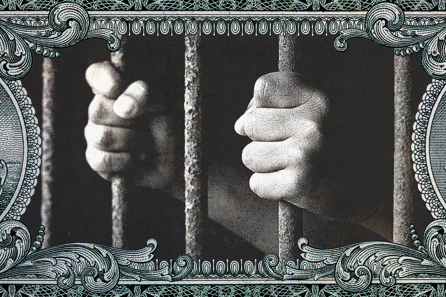 Two hands grabbing prison bars within the embellished border of a dollar bill