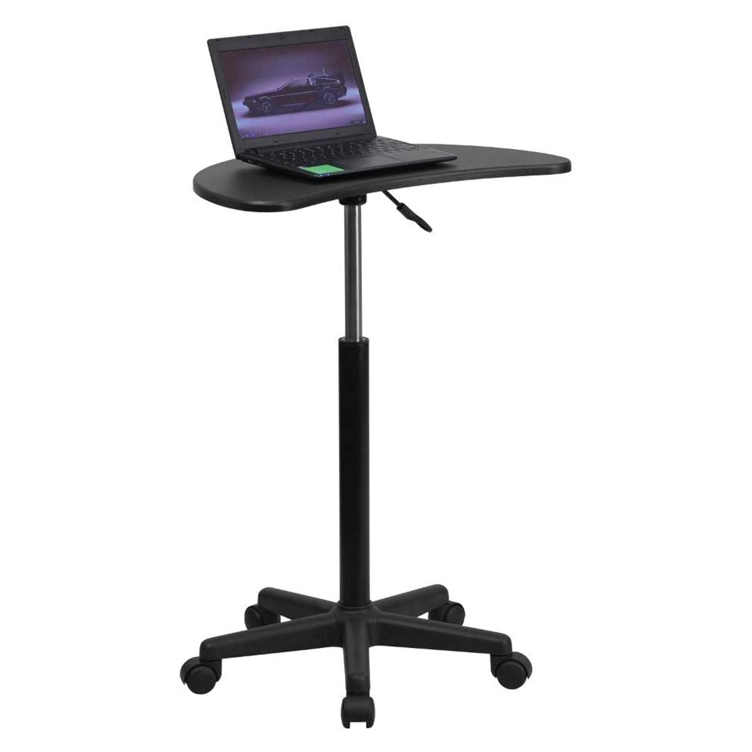 A standing desk with rollers.