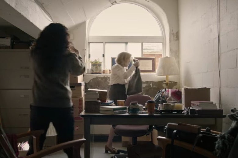 Dr. Kim visits Joan's shabby new office.