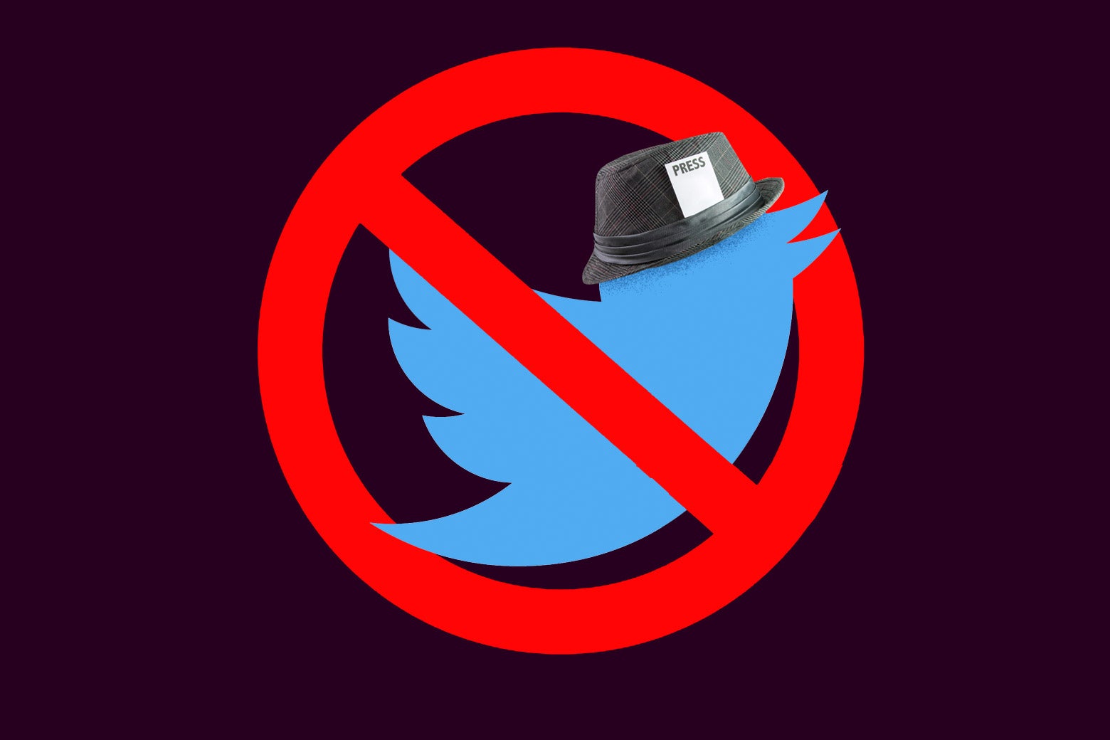 Twitter bird wearing a fedora that has a "PRESS" card in the hatband, overlaid with the no symbol.