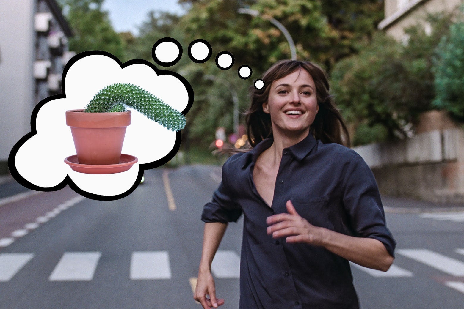 The Julie character from the film runs down the street with a thought bubble of a phallic plant that has fallen over limp.